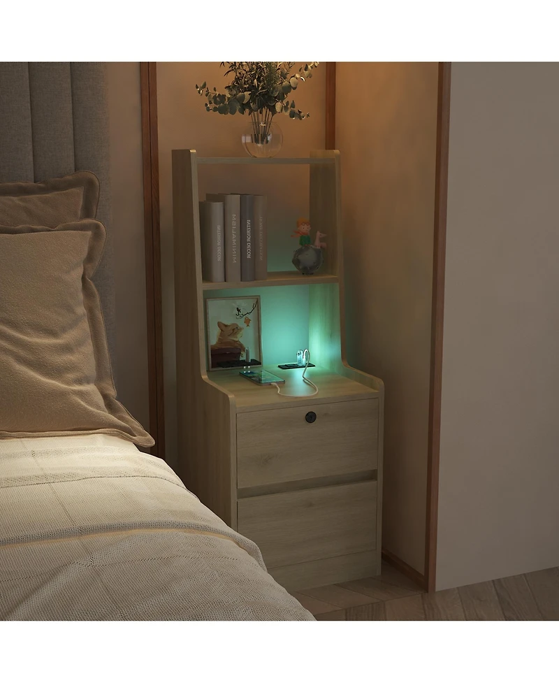 Flynama Modern Neutral Nightstand with Storage Space and Led Light Glass Top Jewelry Storage Bedside Table