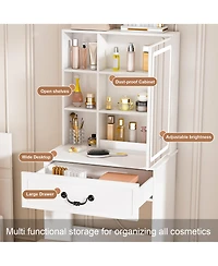 flynama Space Saving Small Led Vanity Table with Basic Standard Mirror and Cushioned Stool