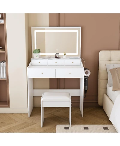 Flynama Large Mirror Makeup Vanity Set with Power Outlet Hair Dryer Holder 5 Drawers 3 Lighting Modes Dressing Table for Bedroom
