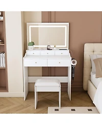 Flynama Large Mirror Makeup Vanity Set with Power Outlet Hair Dryer Holder 5 Drawers 3 Lighting Modes Dressing Table for Bedroom