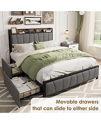 gaomon Full Bed Frame with 2 Drawers Charging Station Rustic Linen Upholstered No Box Spring Needed