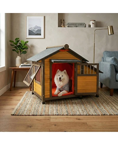 6thdruple 50" Solid Wood Dog House, Indoor and Outdoor Pet Shelter with Removable Thermal Curtain for Small or Medium Dogs