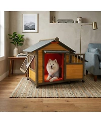 6thdruple 50" Solid Wood Dog House, Indoor and Outdoor Pet Shelter with Removable Thermal Curtain for Small or Medium Dogs