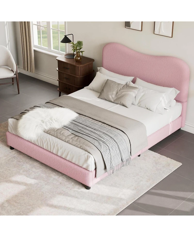 gaomon Queen Boucle Bed Frame Upholstered Headboard Low Profile Platform Rounded Corners No Box Spring