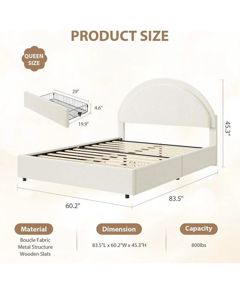 gaomon Queen Bed Frame Storage Drawers Upholstered Boucle Platform with Round Headboard Heavy Duty No Box Spring