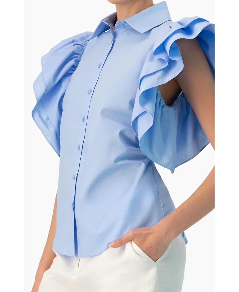 Ivonne Women's Solid Shirt with Ruffled Sleeves