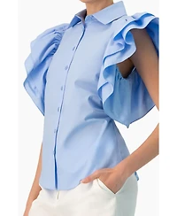 Ivonne Women's Solid Shirt with Ruffled Sleeves