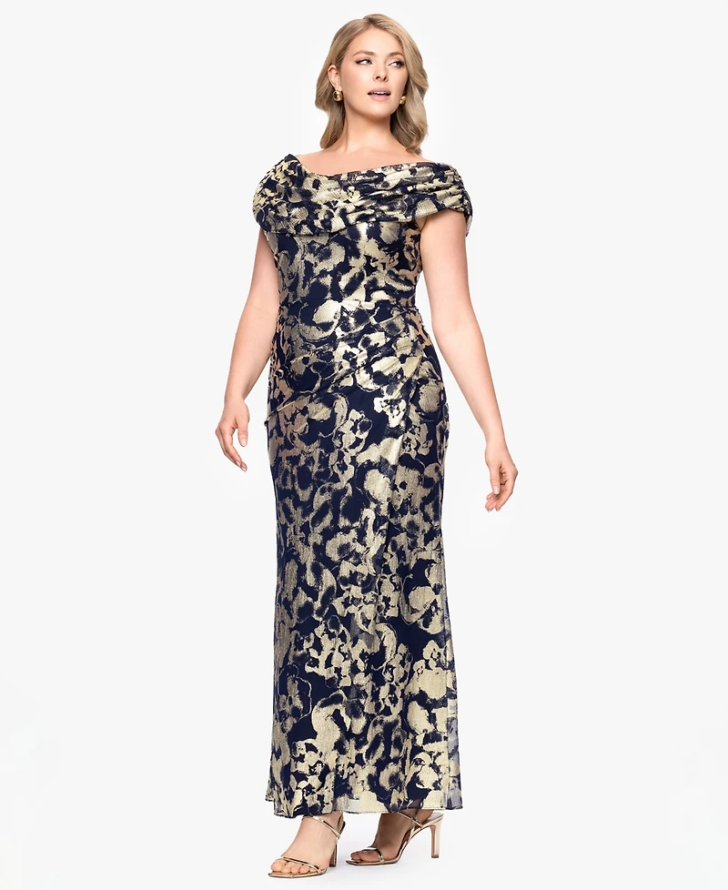Betsy & Adam Plus Metallic Print Cowlneck Gown