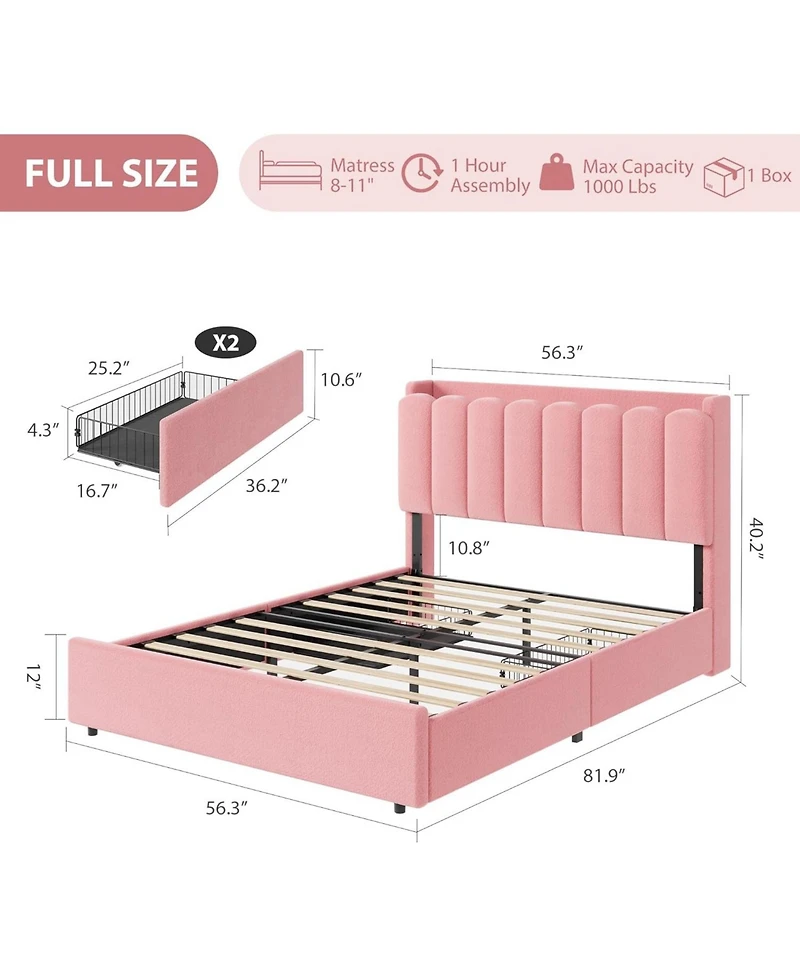 gaomon Bed Frame with Led Storage Headboard, 2 Drawers, Boucle Upholstery, Bookcase, Girls Platform, No Box Spring