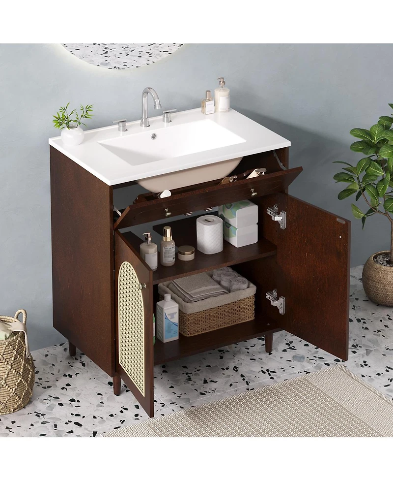 Sillysis Freestanding Bathroom Vanity with Sink, Solid Wood & Mdf Cabinet, Tip Drawer Adjustable Shelf for Modern Storage