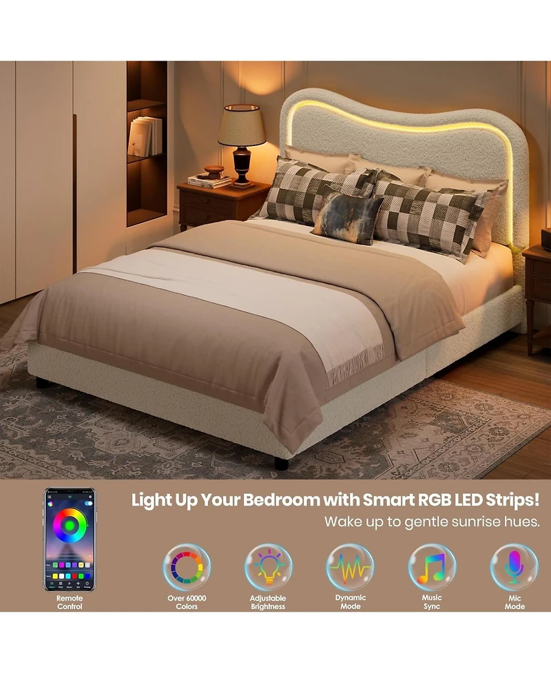 gaomon Boucle Queen Platform Bed Frame with 2 Storage Drawers, Led Upholstered Headboard, Wood Slats, Kids/Teens