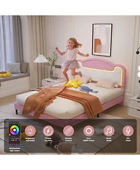 gaomon Full Upholstered Platform Bed with Led and Fabric Headboard, Princess Style, Wood Slats