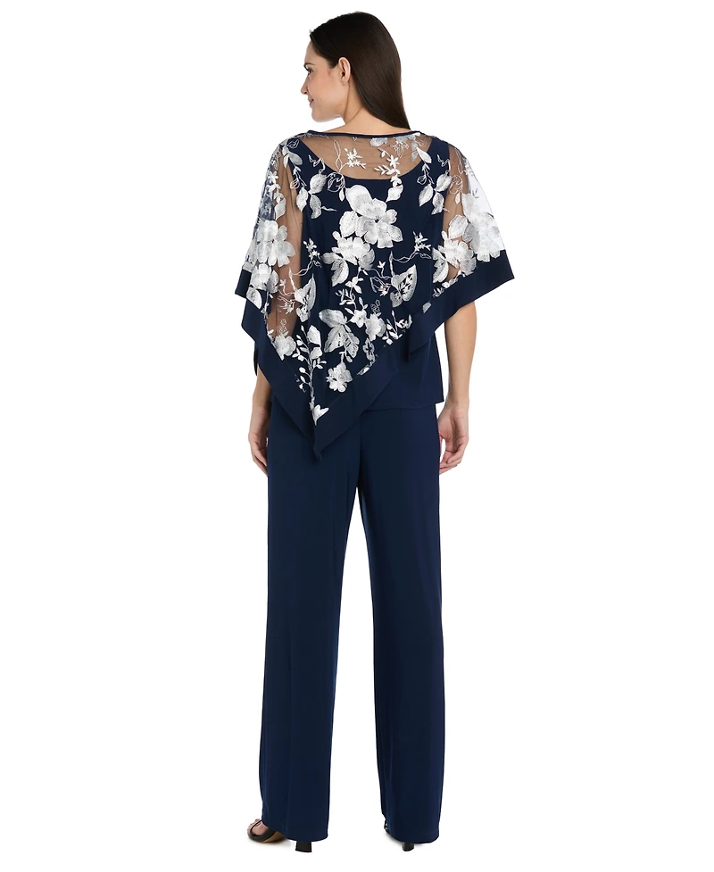 R & M Richards Women's Floral Crewneck Poncho and Pants, 2-Piece Set