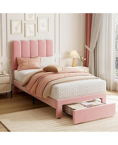 gaomon Velvet Upholstered Bed Frame with Drawers and Wavy Headboard for Girls, Platform Design, Wooden Slats