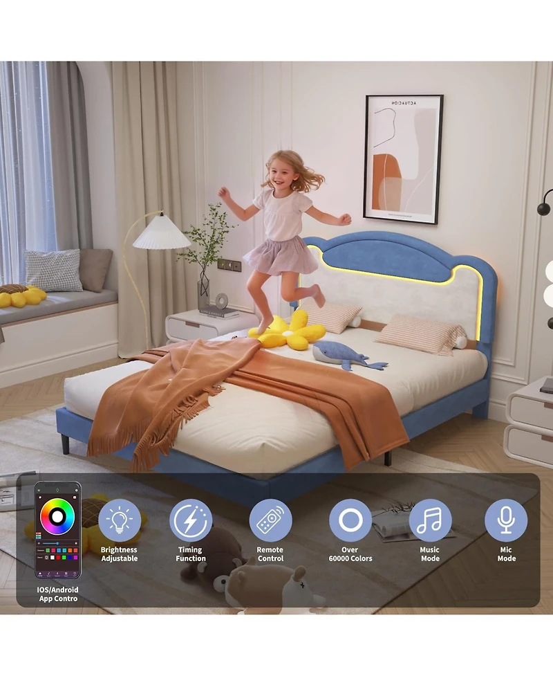 gaomon Led Upholstered Platform Bed, Princess Style, Fabric Headboard, Wood Slats,No Box Spring