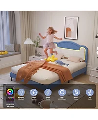 gaomon Led Upholstered Platform Bed, Princess Style, Fabric Headboard, Wood Slats,No Box Spring