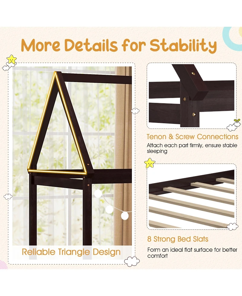 Sugift Kids Platform Floor Bed with Roof and Heavy Duty Slats