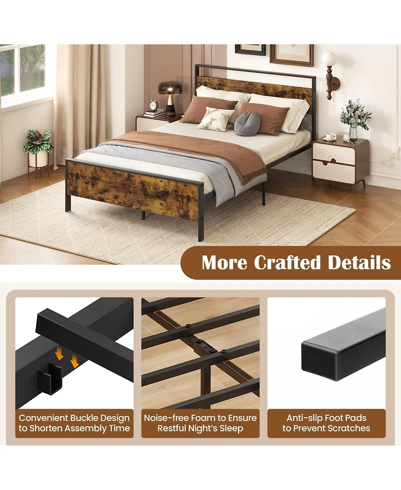 Sugift Industrial Metal Platform Bed with Wooden Headboard