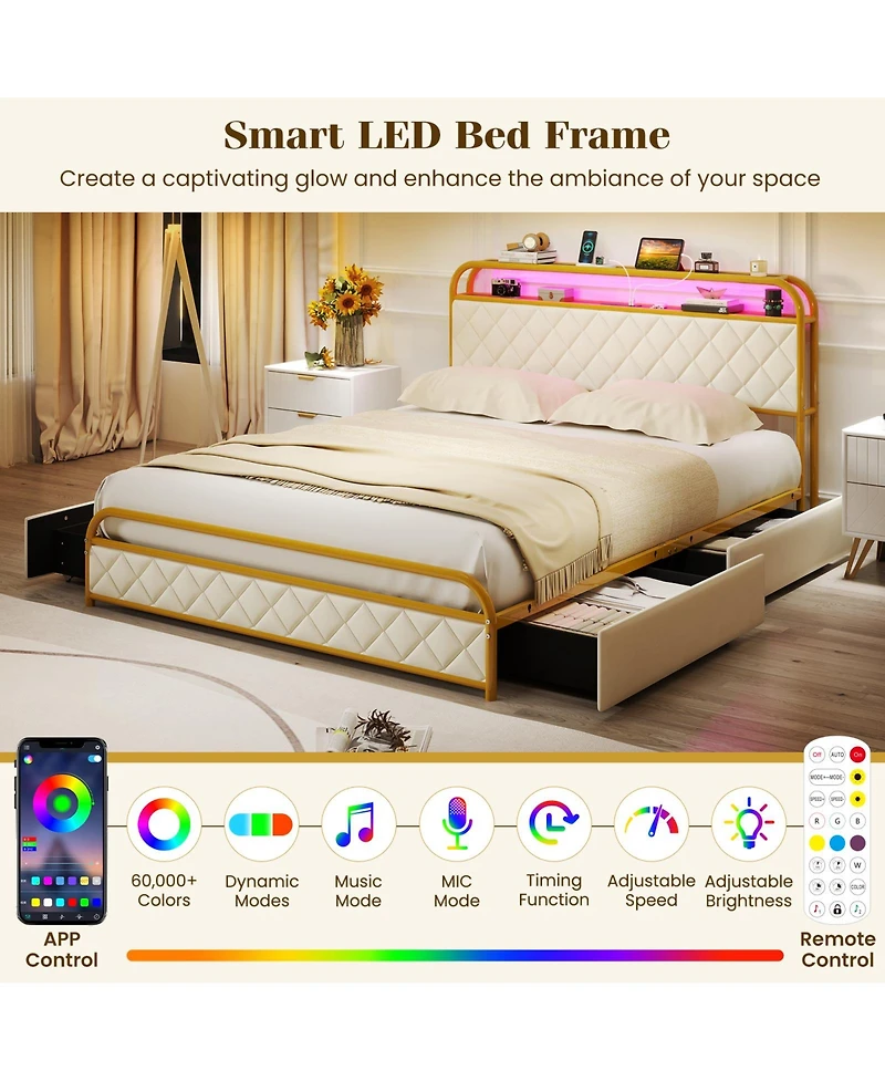 Sugift Platform Bed Frame with Led Lights and Charging Station