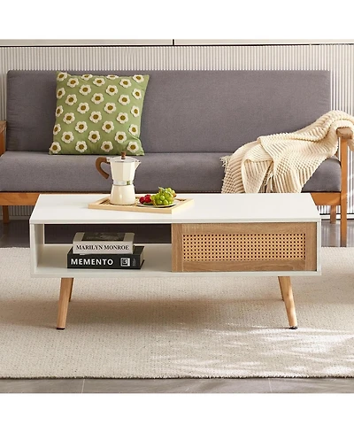 Rainsken Rattan Coffee Table, Rectangle Wooden Center Tables with Sliding Door and Solid Wood Legs for Living Room, Home Office