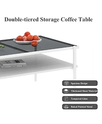 Rainsken Rectangle 2 Tier Coffee Table, Center Table with Gray Tempered Glass Top and Wood Storage Shelf for Living Room, Small Space