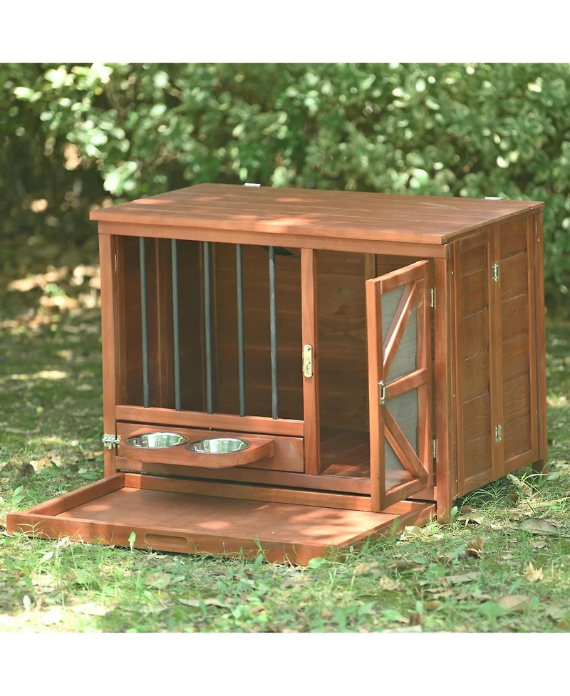 Aostirmotor 43" Solid Wood Dog Crate Furniture End Table with Rotating Feeder and Removable Tray