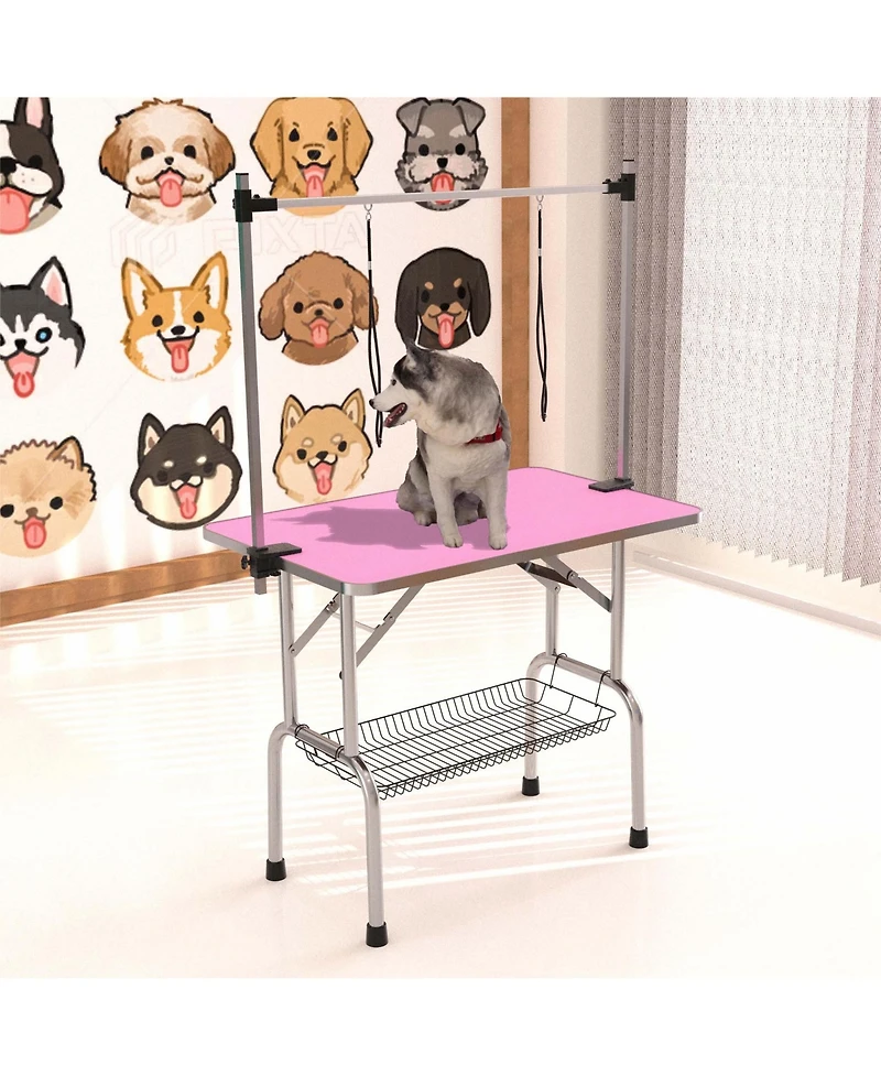 Aostirmotor 36" Pink Folding Pet Grooming Table with Stainless Steel Frame and Adjustable Arm