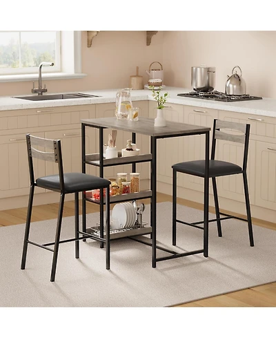 gaomon 3-Piece Kitchen Table Set with Storage & 2 Upholstered Chairs, Industrial Iron & Wood, Space Saving for Apartments