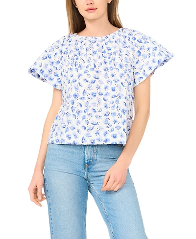 CeCe Women's Floral Ruffle-Sleeve Crewneck Cotton Top