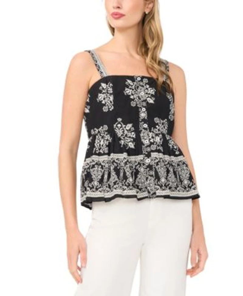 Cece Womens Printed Cotton Babydoll Top Wide Leg Pull On Pants