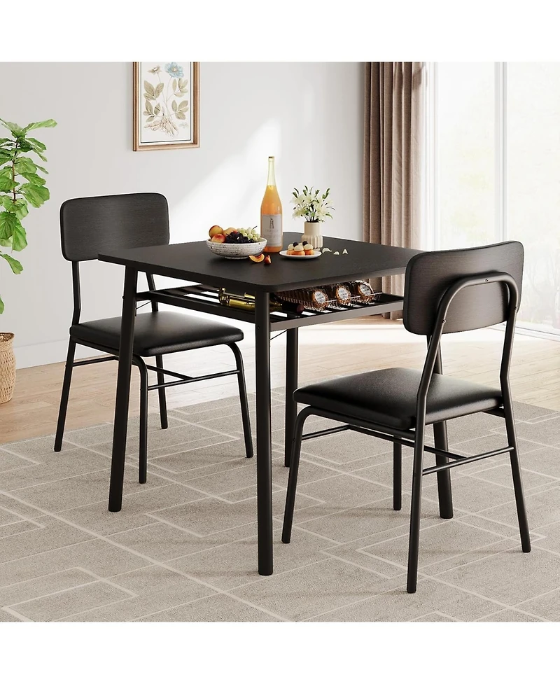 gaomon Modern 3-Piece Dining Set for 2, Durable Metal Frame Table, Upholstered Chairs with Storage Rack, Perfect for Apartments