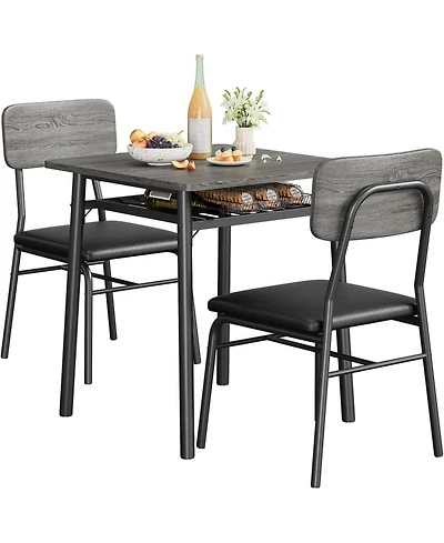 gaomon 3-Piece Dining Table Set for 2, Small Table with 2 Upholstered Chairs, Square Table with Storage, Metal Legs for Apartment
