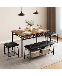 gaomon 4-Piece Square Dining Table Set, Wood Table with 2 Upholstered Chairs & Bench, Metal Frame, Storage for Small Space