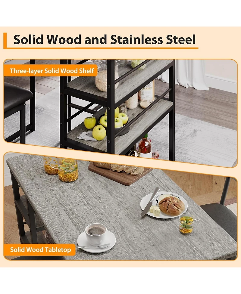 gaomon 3-Piece Bar Table Set, Dining Table & 2 Cushion Stools, Tall Breakfast Nook with Storage Shelves for Apartment