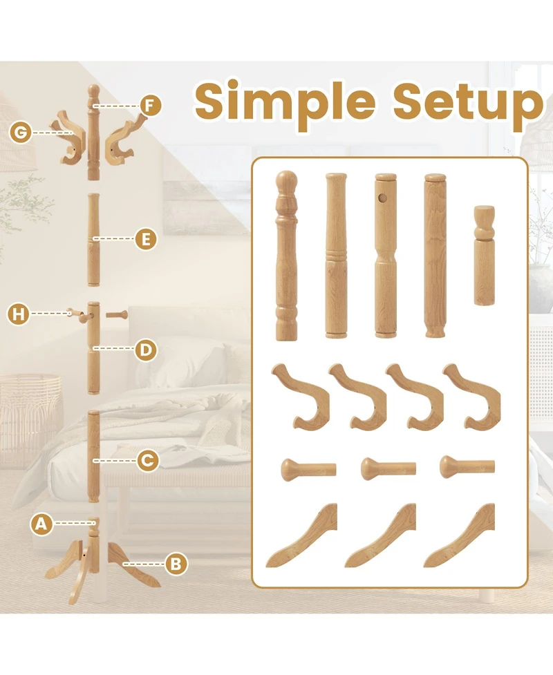 Sugift Solid Wood Hall Tree with Multiple Hooks and Height Options