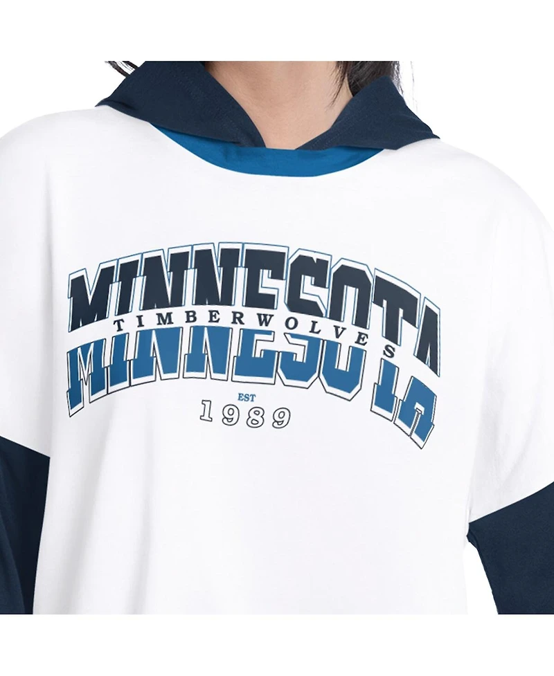 G-iii 4Her by Carl Banks Women's White/Navy Minnesota Timberwolves Key Player Oversized Hooded Long Sleeve T-Shirt