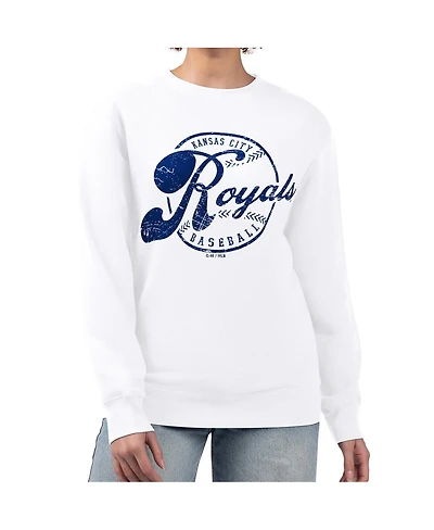 G-iii 4Her by Carl Banks Women's White Kansas City Royals Distressed Baseball Team Fleece Pullover Sweatshirt