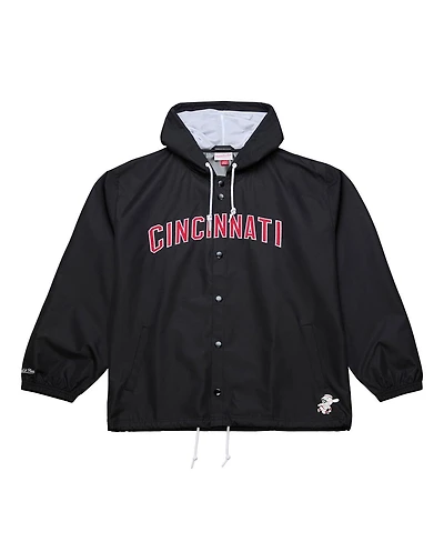 Mitchell & Ness Men's Black Cincinnati Reds Full-Snap Hooded Coaches Jacket