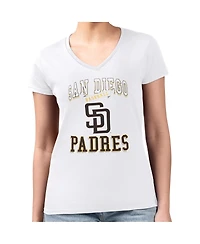 G-iii 4Her by Carl Banks Women's White San Diego Padres Super-Slim Fit Lightweight Team Logo Graphic V-Neck T-Shirt