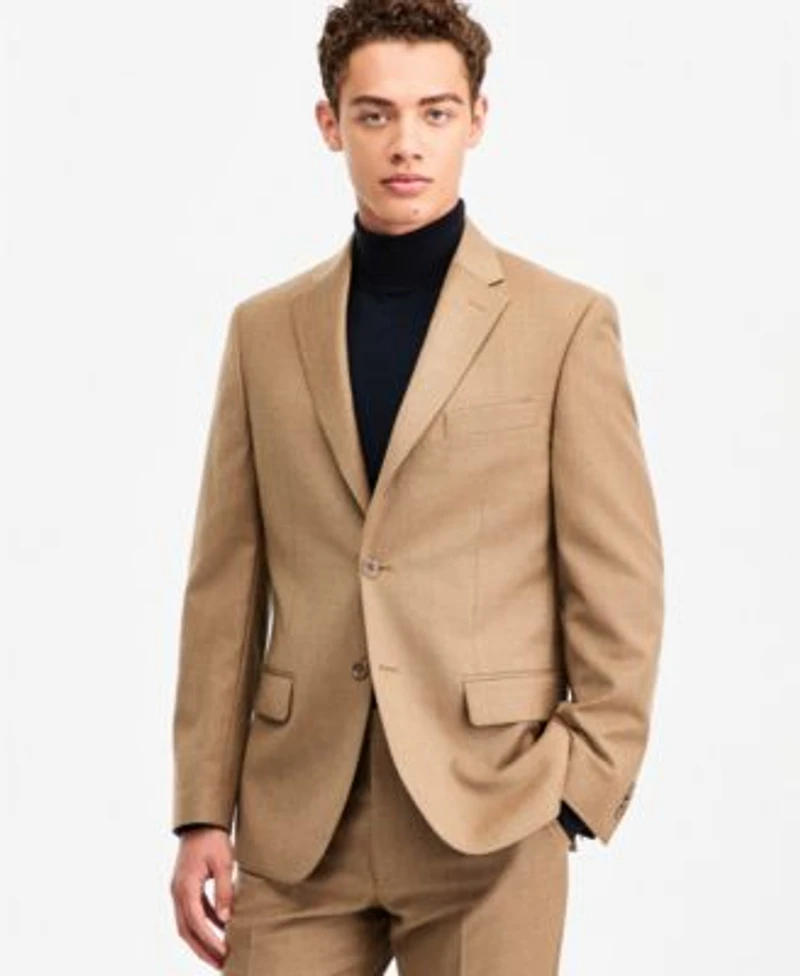 Tommy Hilfiger Mens Modern Fit Wool Tan Flannel Suit Separates