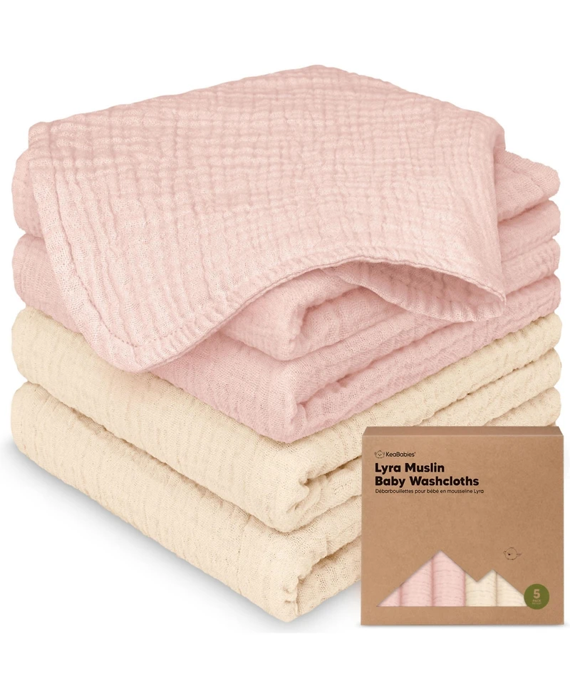 KeaBabies 5-Pack Lyra Muslin Baby Washcloths, Large 12x12, Soft Absorbent Cotton Wash Cloths, Burp Rags, Face Cloth Towel
