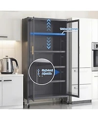 Rainsken 5 Tier Metal Display Storage Cabinet with Transparent Door, Adjustable Shelves and Wheels, Food Pantries Cabinets for Kitchen