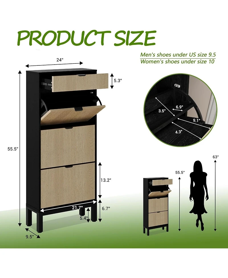 gaomon Shoe Storage Cabinet with 3 Flip Drawers Fluted Organizer Metal Legs Slim Entryway Rack