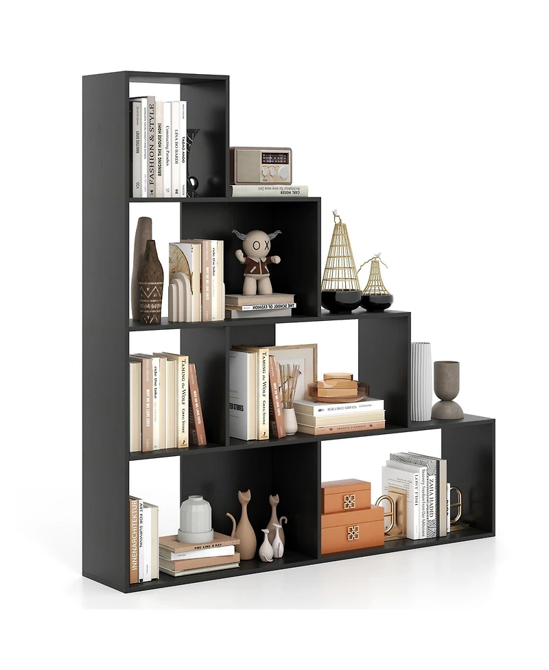 Slickblue 4-Tier Modern Stepped Bookshelf with 6 Storage Cubes for Living Room-Black