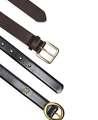 Steve Madden Feathered Edge Glazed Polyurethane Oval and Square Buckle 2-Piece Belt Set
