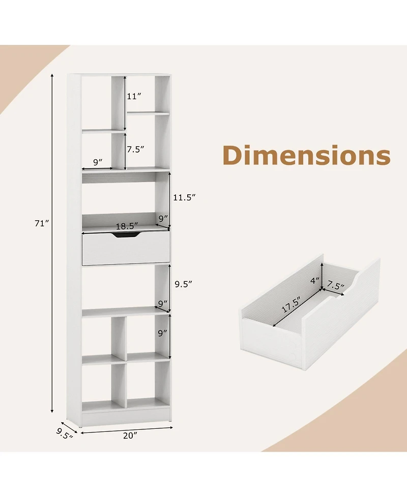 Slickblue 71 Inch Bookcase with Drawer and 10 Storage Compartments