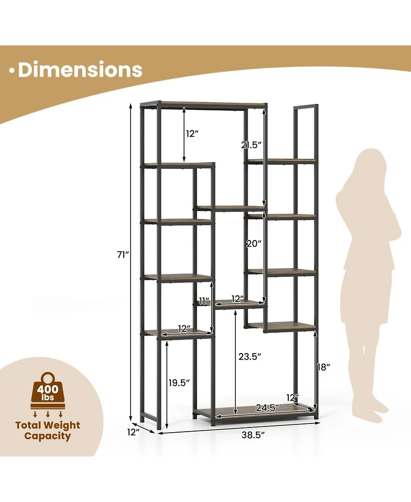 Slickblue Tall Geometric Bookcase 71 Inch with 12 Storage Shelves