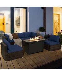 Gymax 7PCS Patio Rattan Furniture Set Fire Pit Table Cover Cushion Off White