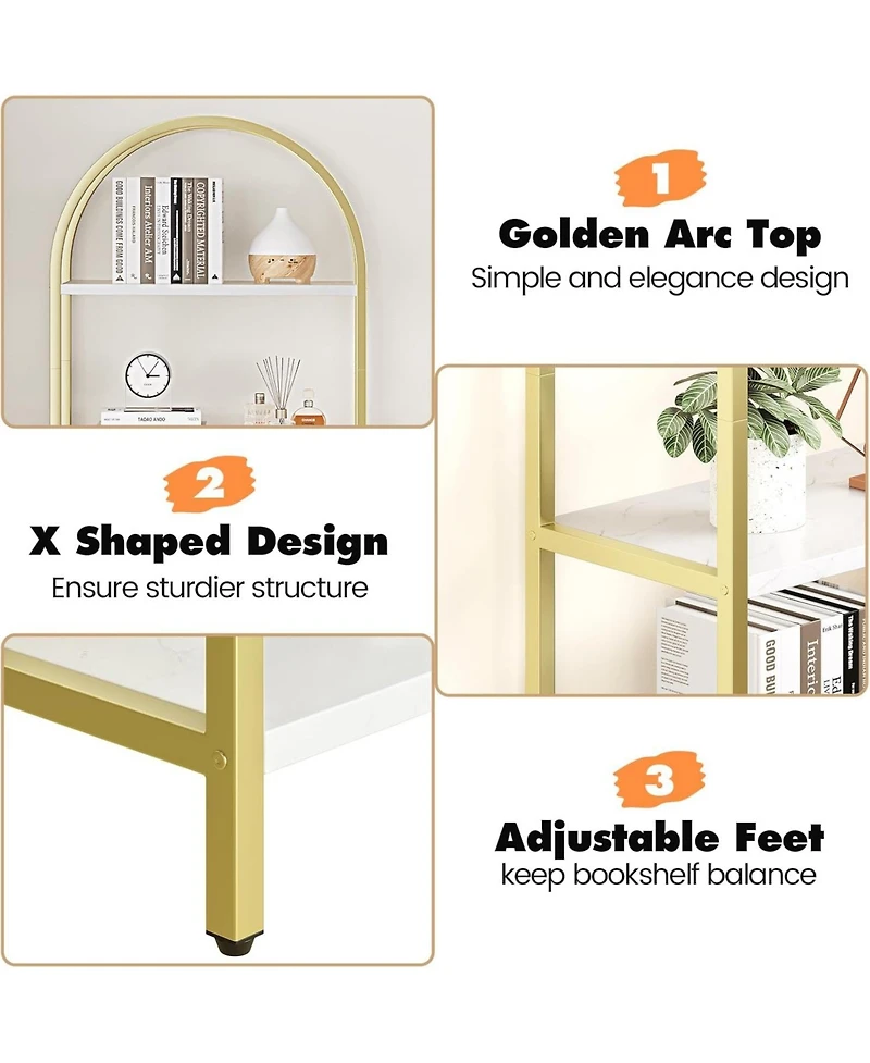 gaomon 5-Tier Modern Arched Bookshelf, Tall Metal Bookcase, Marble Veneer, Vertical Display for Office or Living Room
