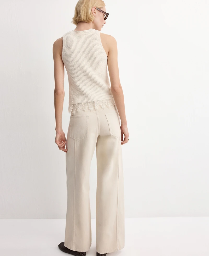 Mango Women's Lace Trim Ribbed Knit Top